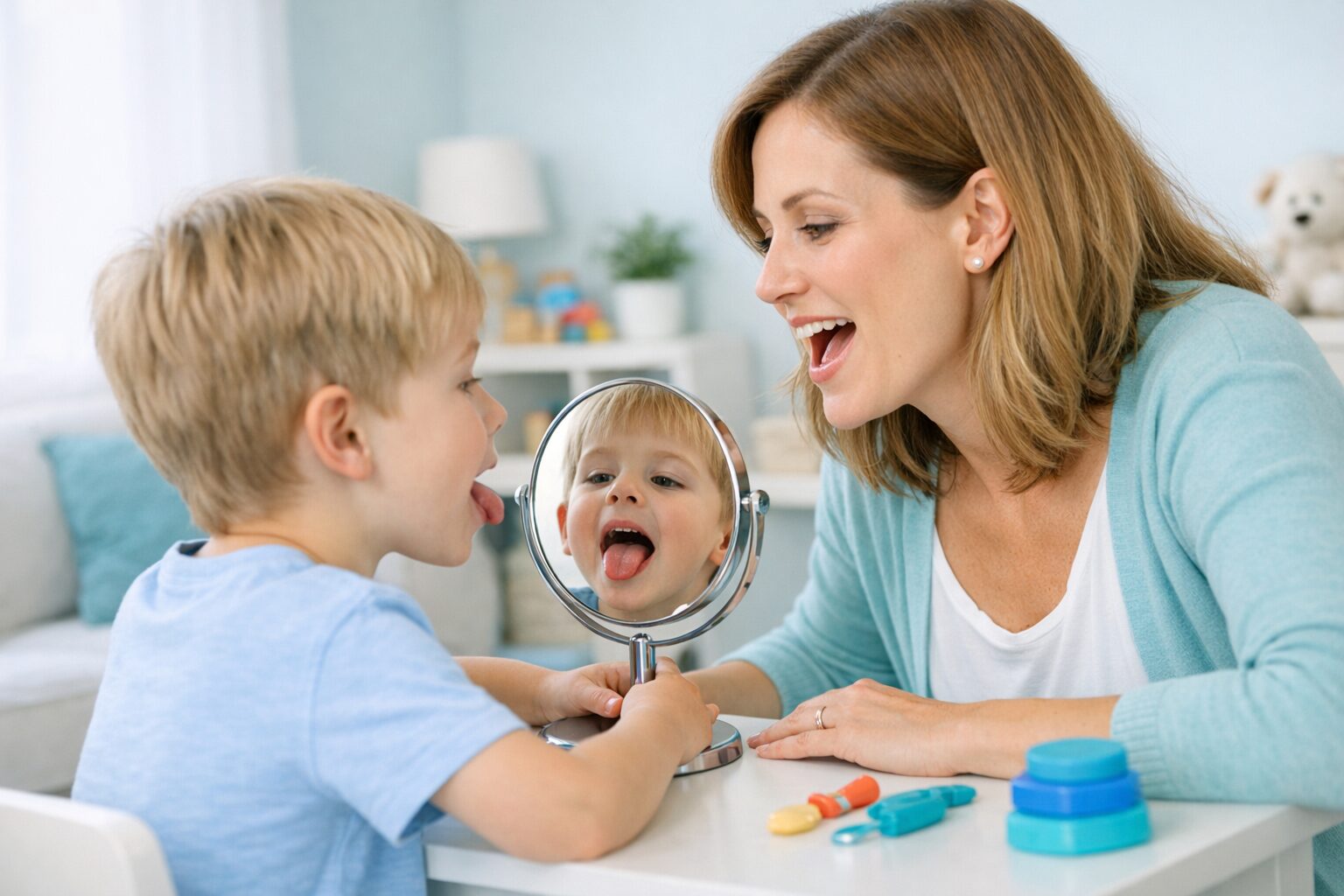 Articulation Mirror for Kids Speech Sound Practice Guide - in use