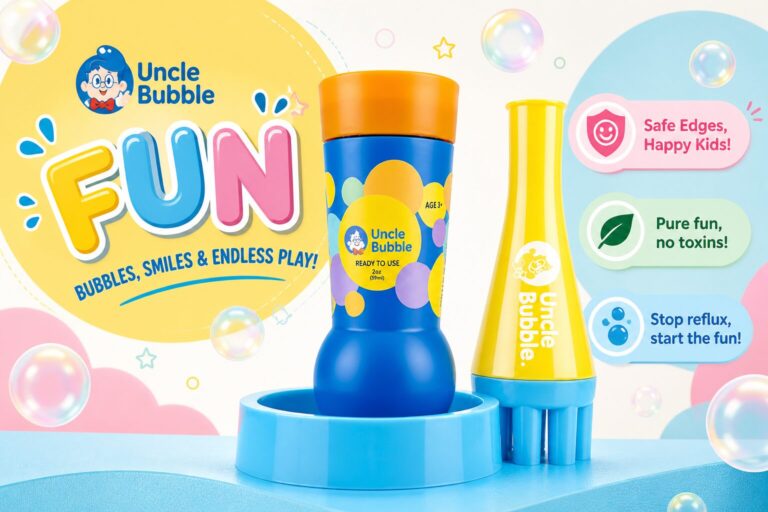 Uncle Bubble bubble blower toy for kids with colorful bubbles and playful child-safe feature callouts.